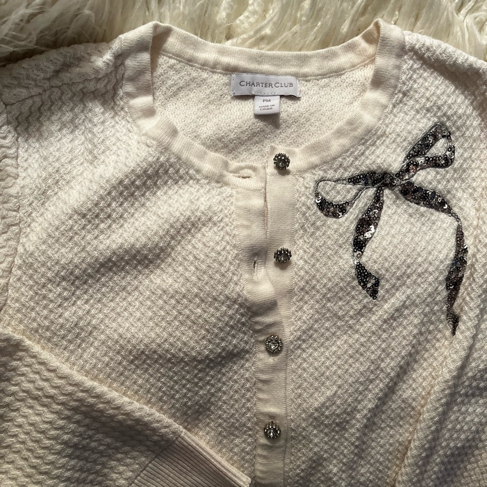 Charter club off white/cream/ivory sweater with silver bow embellishment!